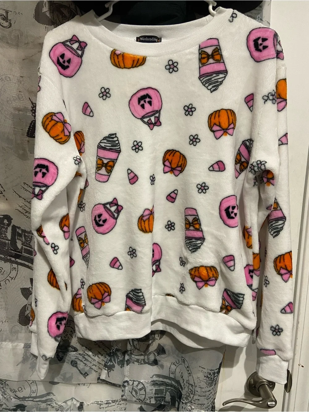 Women's White Plush Halloween Print Crewneck Sweater